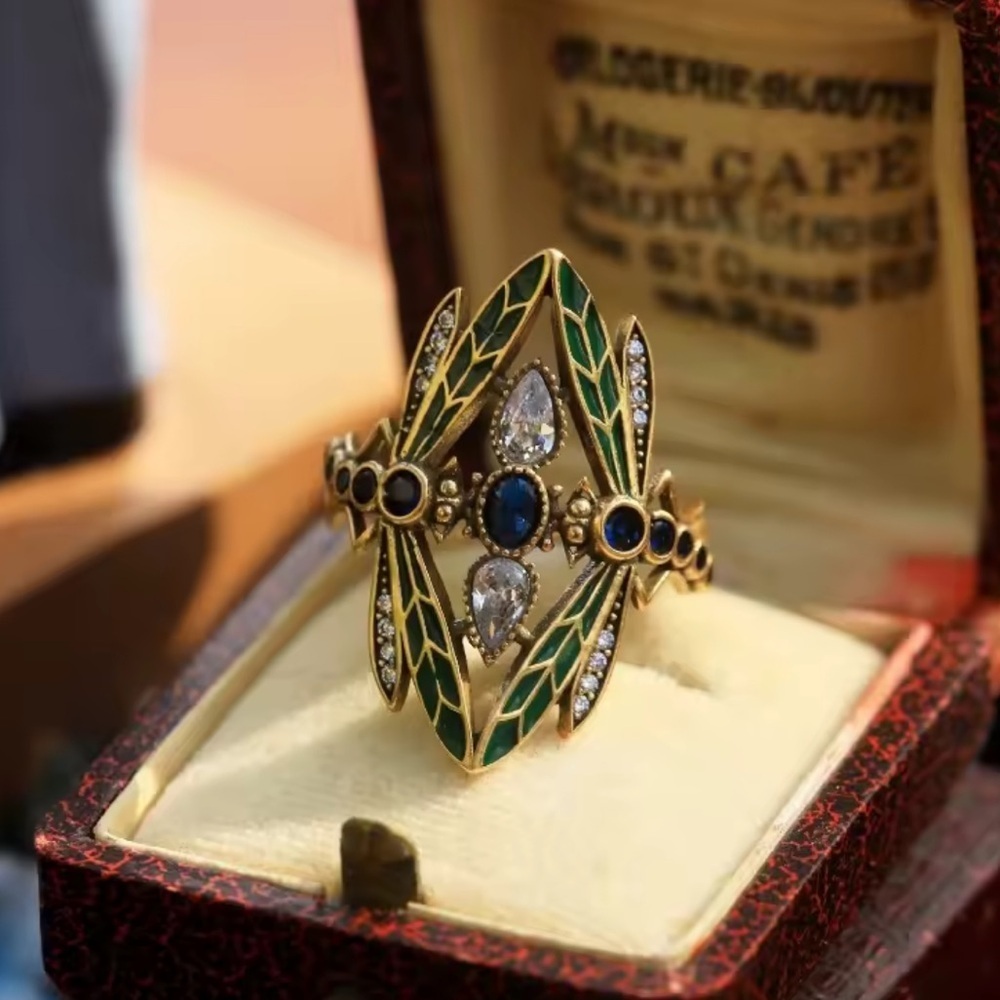 Vintage Art Deco Gold Ring with Green Enamel & Blue Gemstones Statement Cocktail